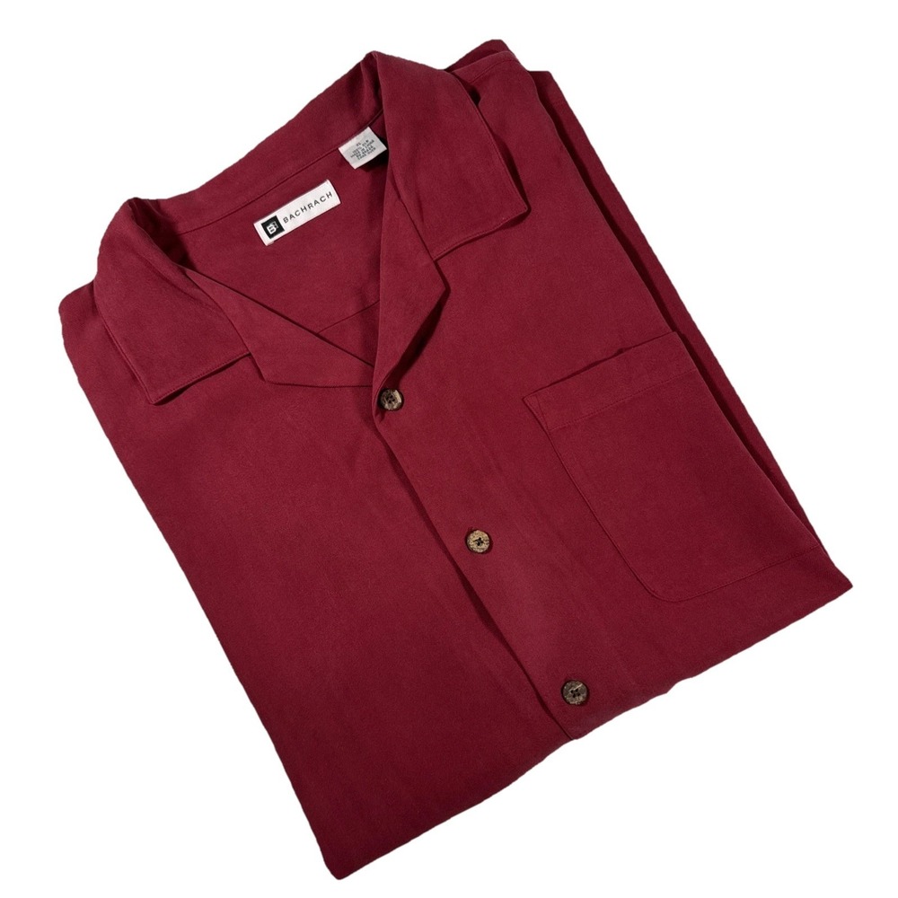 Bachrach‎ Men's XL Red 100% Silk Short Sleeve Shirt Wooden Buttons
